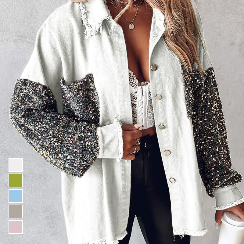 🎨Trendy Pailletten-Patchwork-Mantel mit offenem Saum für Damen