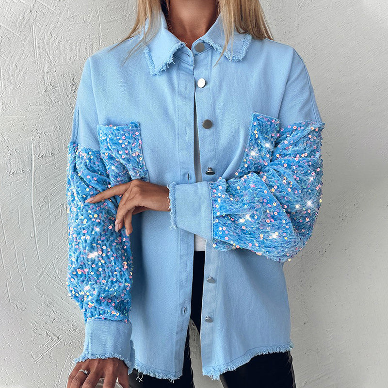 🎨Trendy Pailletten-Patchwork-Mantel mit offenem Saum für Damen