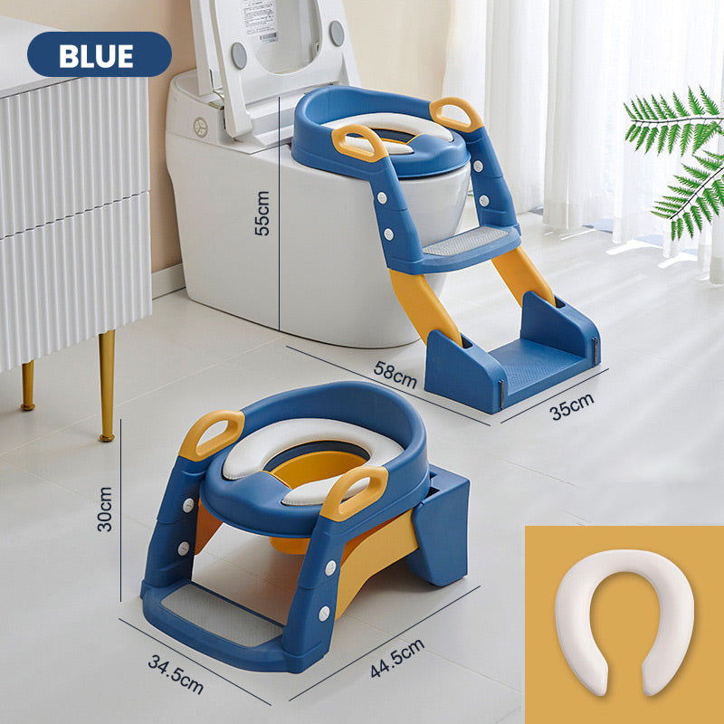 Baby-Toilettensitz Kinder mit Treppe Toilettentrainer für Kinder WC Sitz mit PU Gepolsterter Höhenverstellbar und Faltbar