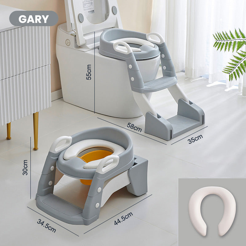 Baby-Toilettensitz Kinder mit Treppe Toilettentrainer für Kinder WC Sitz mit PU Gepolsterter Höhenverstellbar und Faltbar