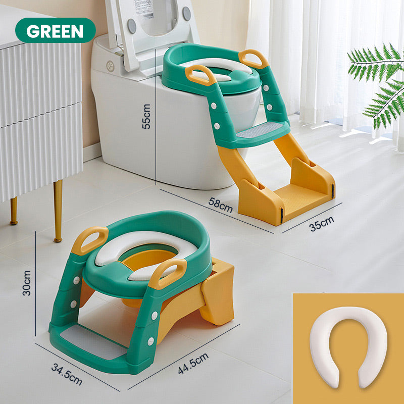Baby-Toilettensitz Kinder mit Treppe Toilettentrainer für Kinder WC Sitz mit PU Gepolsterter Höhenverstellbar und Faltbar