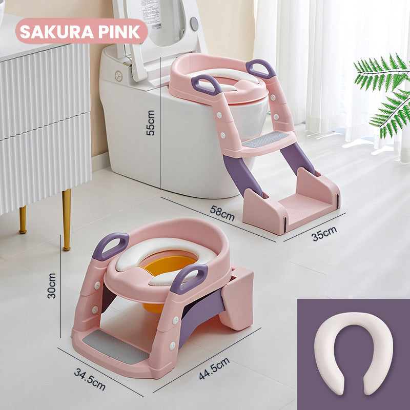 Baby-Toilettensitz Kinder mit Treppe Toilettentrainer für Kinder WC Sitz mit PU Gepolsterter Höhenverstellbar und Faltbar