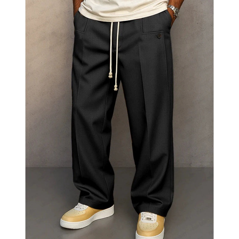 Herren Freizeithose mit Struktur, weitem Bein und Metallknopfdetail – locker geschnittene lange Hose, vielseitig und bequem