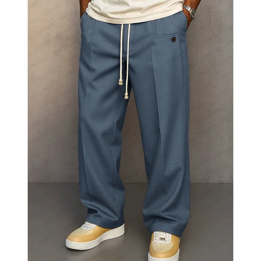Herren Freizeithose mit Struktur, weitem Bein und Metallknopfdetail – locker geschnittene lange Hose, vielseitig und bequem