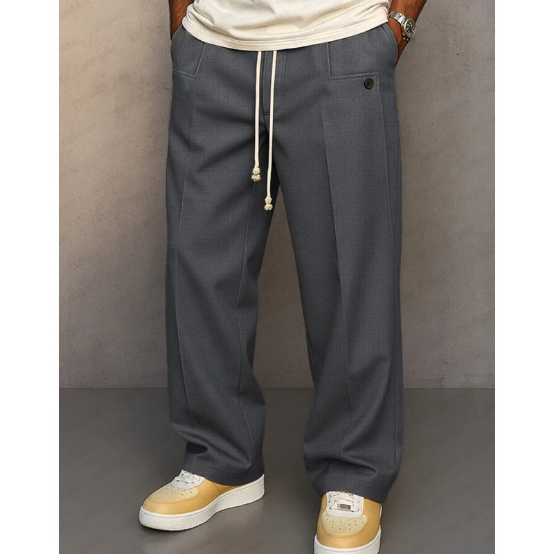 Herren Freizeithose mit Struktur, weitem Bein und Metallknopfdetail – locker geschnittene lange Hose, vielseitig und bequem