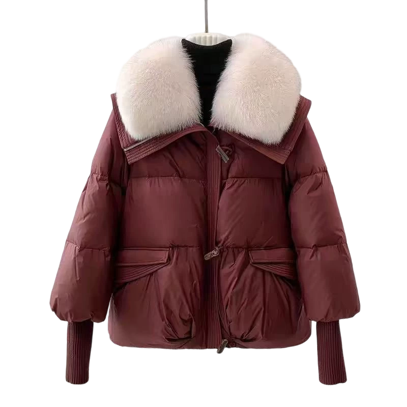 Damenmodischer Kurzer Daunenjacke Mit Flauschigem Kragen