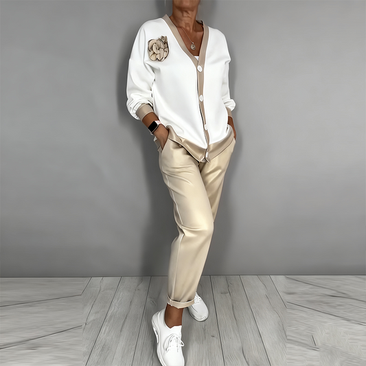 🔥Zeitlich begrenztes Angebot – 2-teiliges Set aus lässigem Damen-Oberteil mit V-Ausschnitt und Hose mit hoher Taille