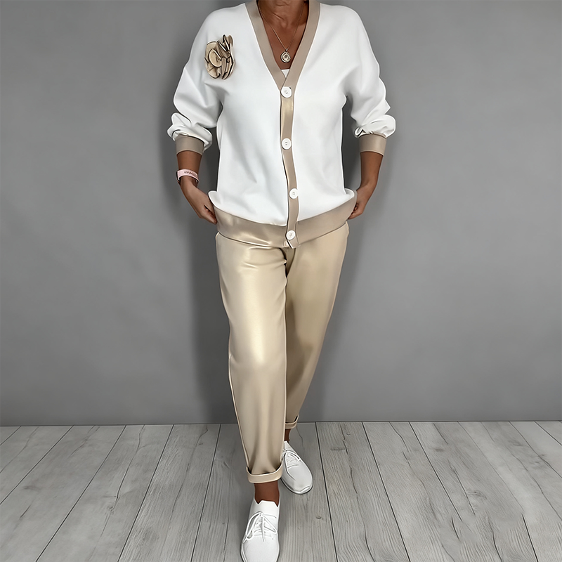 🔥Zeitlich begrenztes Angebot – 2-teiliges Set aus lässigem Damen-Oberteil mit V-Ausschnitt und Hose mit hoher Taille