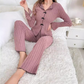 🔥Zeitlich begrenzter Tiefstpreis⚡Gestreifte Strick-Pyjama-Sets für Damen mit Reverskragen und Schleifen
