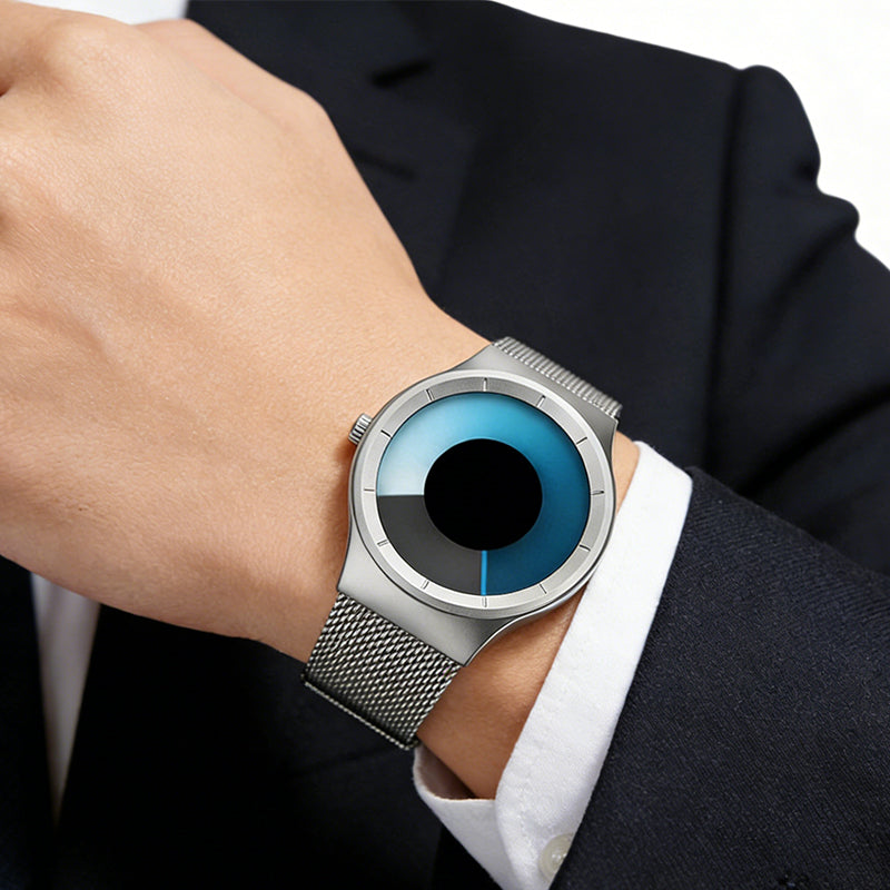 Futuristische, minimalistische Herrenuhr mit kreativem Drehscheiben-Zifferblatt