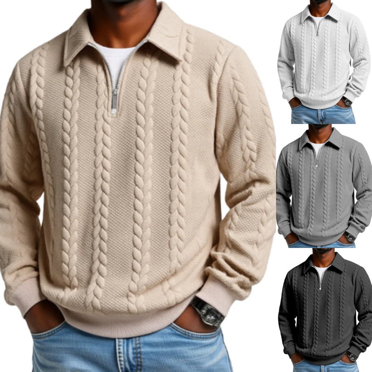 🔥Neuheiten-Angebot – Lässiger Herrenpullover mit halbem Reißverschluss und Zopfmuster