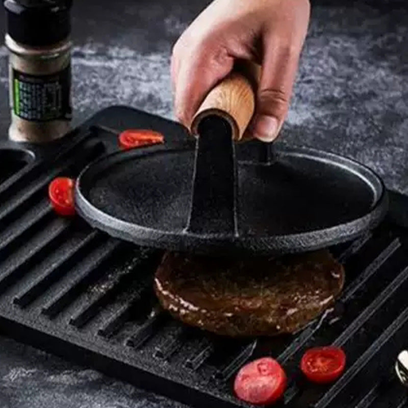 Steak- und Burgerpresse aus Gusseisen mit Holzgriff