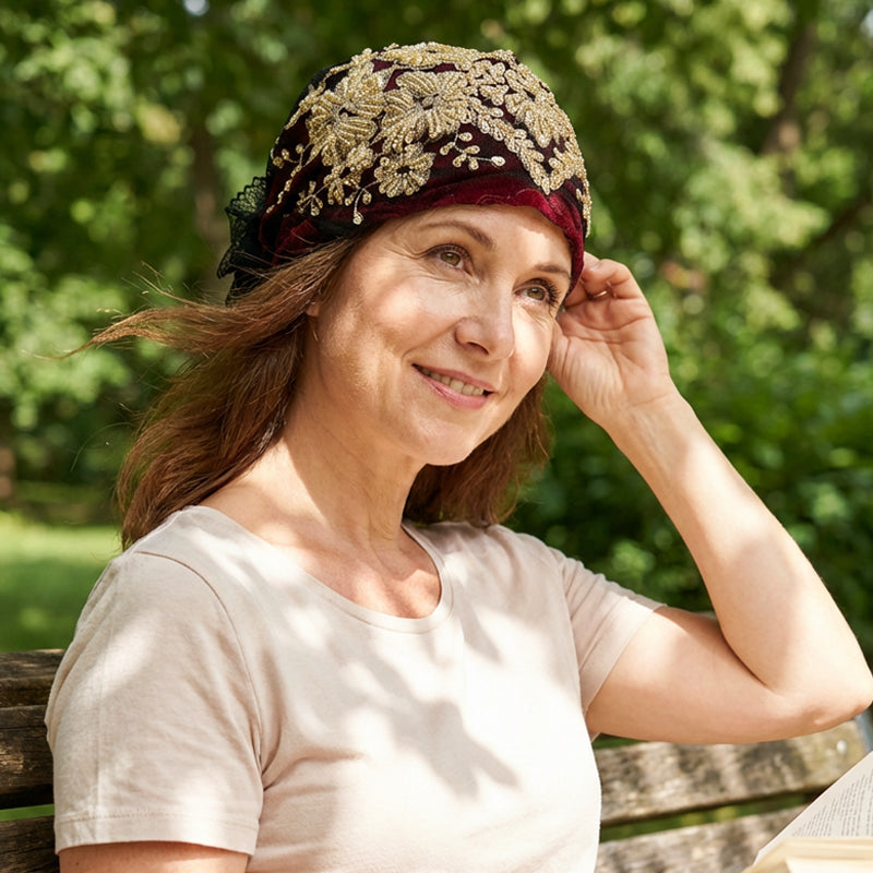 Elegante Pailletten-Spitzen-Turban-Mütze