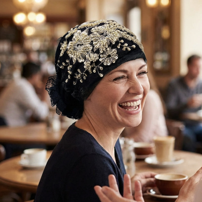 Elegante Pailletten-Spitzen-Turban-Mütze