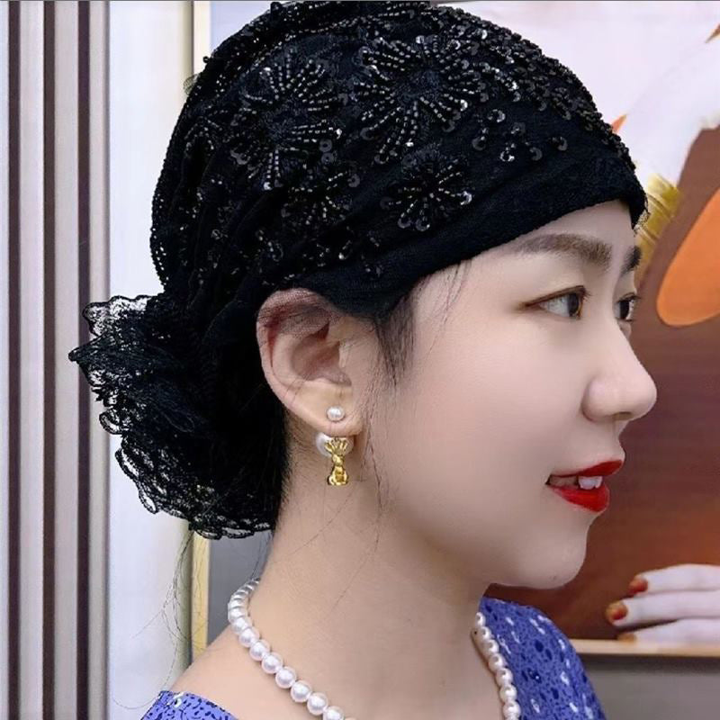 Elegante Pailletten-Spitzen-Turban-Mütze