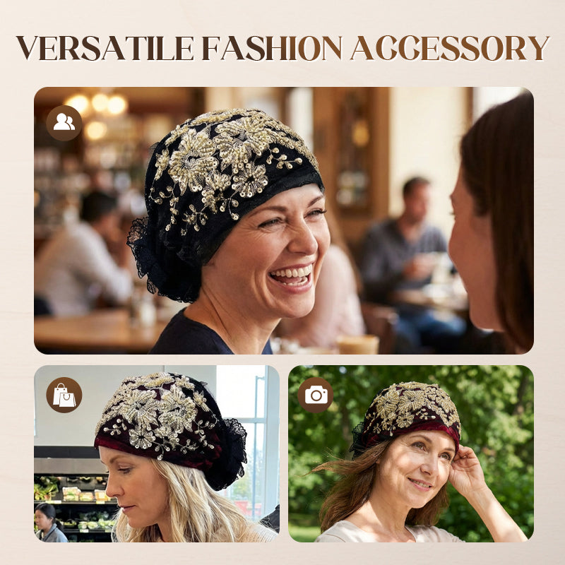 Elegante Pailletten-Spitzen-Turban-Mütze