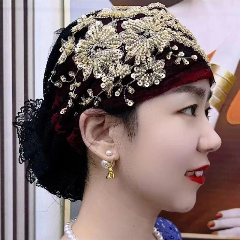 Elegante Pailletten-Spitzen-Turban-Mütze