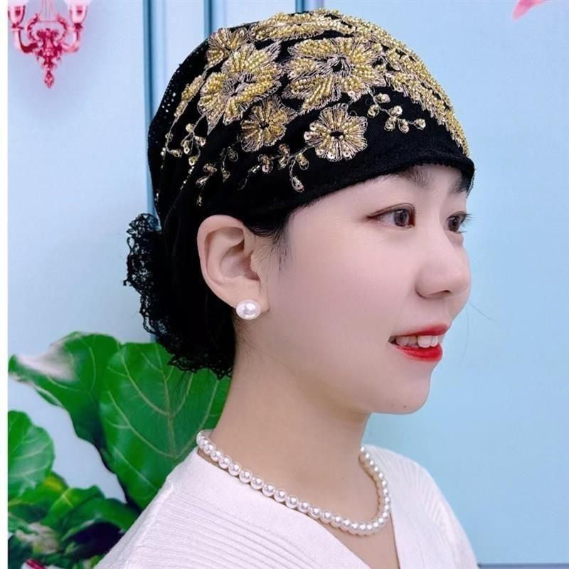 Elegante Pailletten-Spitzen-Turban-Mütze