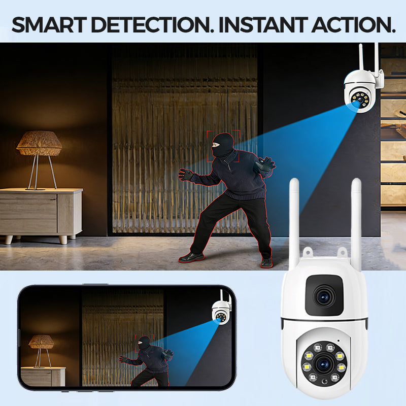 360° Schwenk-Neige 4K Dual-Linsen Sicherheitskamera – Outdoor WLAN Überwachungskamera