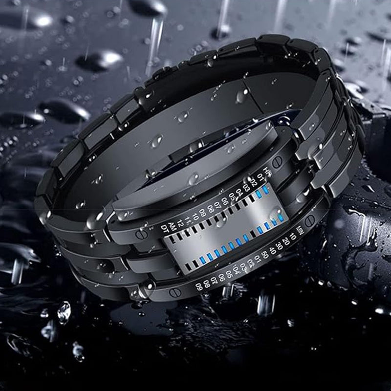 Coole Herrenuhr im Binary-Design, Edelstahl, LED-Armband, modische Sportuhr mit blauem Licht, vakuumbeschichtet, stilvolle Uhr