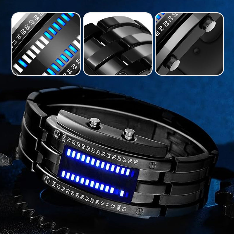 Coole Herrenuhr im Binary-Design, Edelstahl, LED-Armband, modische Sportuhr mit blauem Licht, vakuumbeschichtet, stilvolle Uhr
