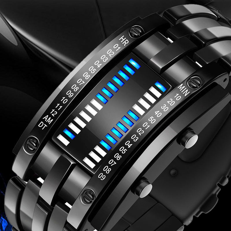 Coole Herrenuhr im Binary-Design, Edelstahl, LED-Armband, modische Sportuhr mit blauem Licht, vakuumbeschichtet, stilvolle Uhr