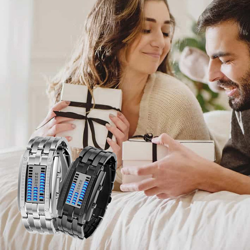 Coole Herrenuhr im Binary-Design, Edelstahl, LED-Armband, modische Sportuhr mit blauem Licht, vakuumbeschichtet, stilvolle Uhr