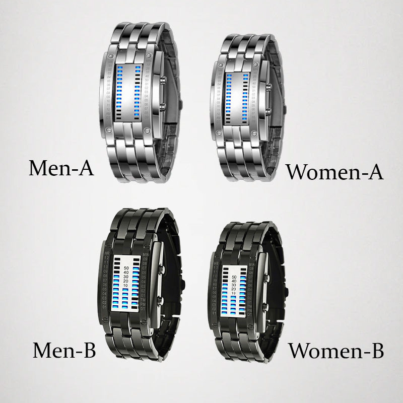 Coole Herrenuhr im Binary-Design, Edelstahl, LED-Armband, modische Sportuhr mit blauem Licht, vakuumbeschichtet, stilvolle Uhr