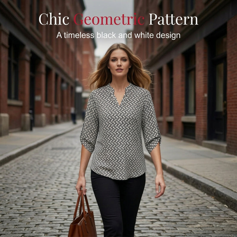 👚 50% RABATT! 🌞 NEU: Sommerkollektion – Damen Bluse mit geometrischem Print & V-Ausschnitt – lockere Passform, leicht & vielseitig – perfekt für warme Tage und kreative Looks ✨