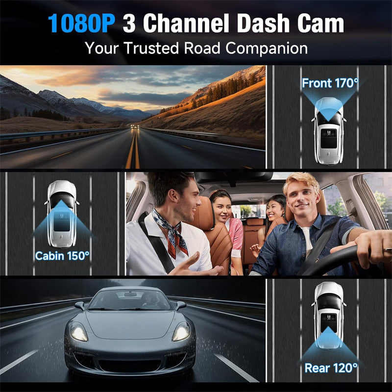 3-Kanal-HD-Dashcam mit 1080p, 5-GHz-WLAN und Steuerung per App
