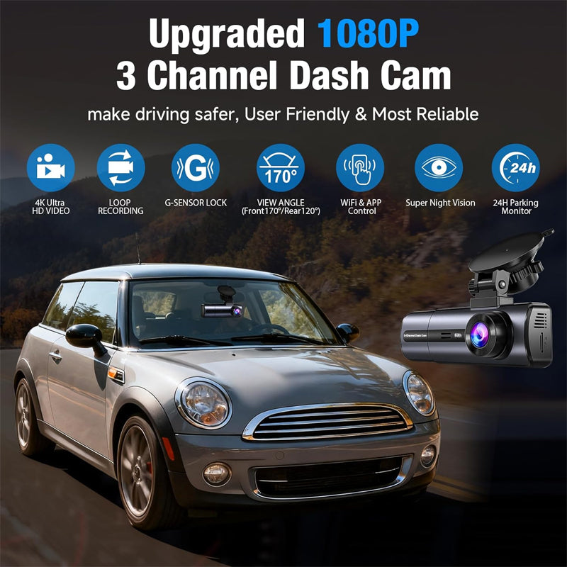 3-Kanal-HD-Dashcam mit 1080p, 5-GHz-WLAN und Steuerung per App
