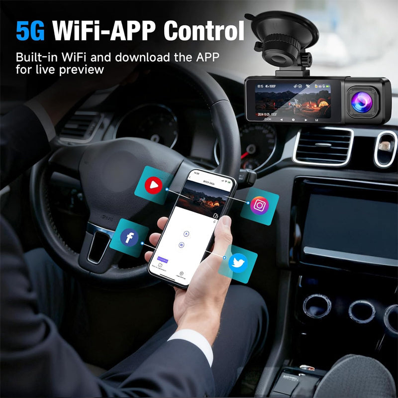 3-Kanal-HD-Dashcam mit 1080p, 5-GHz-WLAN und Steuerung per App