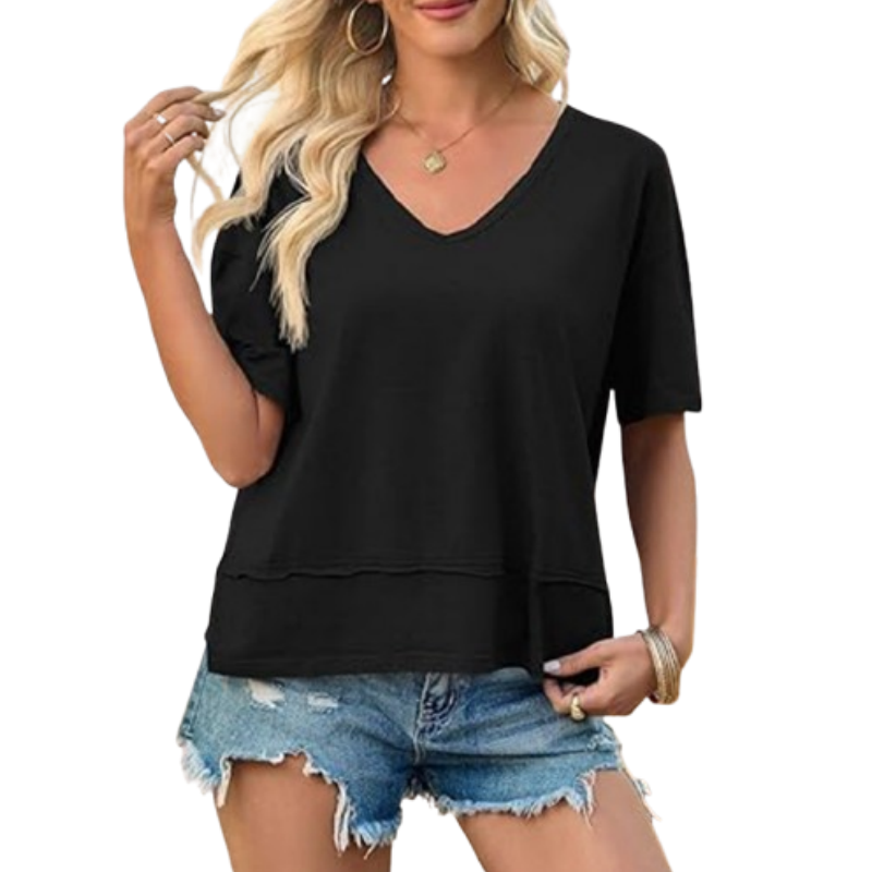 👕✨ 50% RABATT! Damen Oberteil mit halben Ärmeln, V-Ausschnitt und Patchwork-Saum – Leicht, lässig & perfekt für den Sommer 🌸