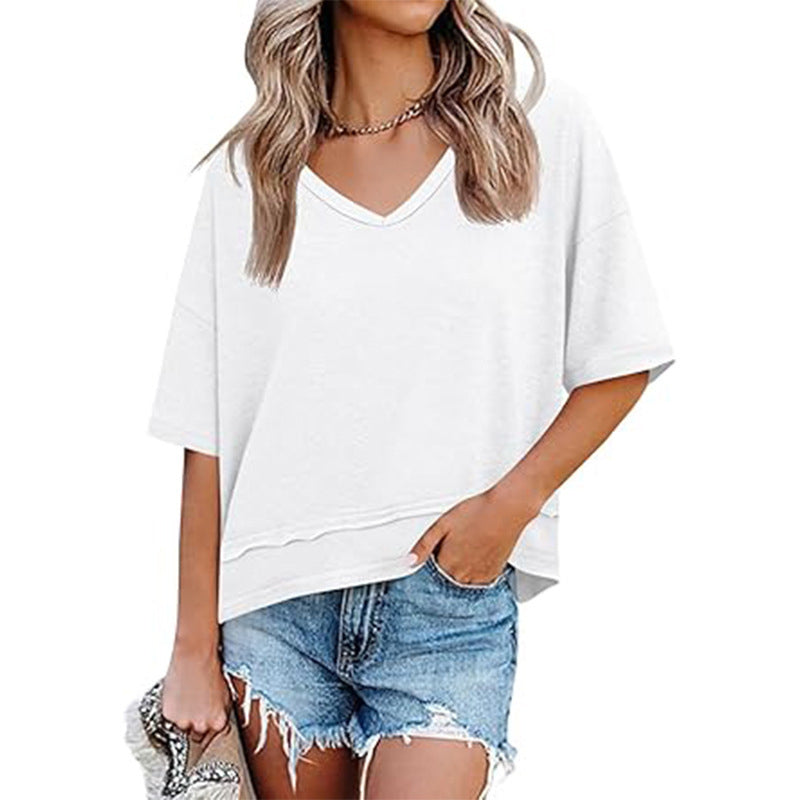 👕✨ 50% RABATT! Damen Oberteil mit halben Ärmeln, V-Ausschnitt und Patchwork-Saum – Leicht, lässig & perfekt für den Sommer 🌸