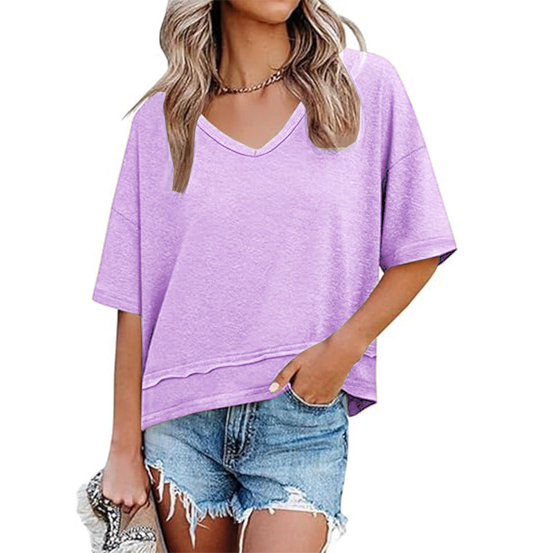👕✨ 50% RABATT! Damen Oberteil mit halben Ärmeln, V-Ausschnitt und Patchwork-Saum – Leicht, lässig & perfekt für den Sommer 🌸