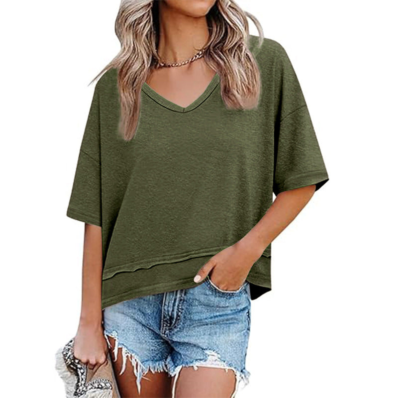 👕✨ 50% RABATT! Damen Oberteil mit halben Ärmeln, V-Ausschnitt und Patchwork-Saum – Leicht, lässig & perfekt für den Sommer 🌸
