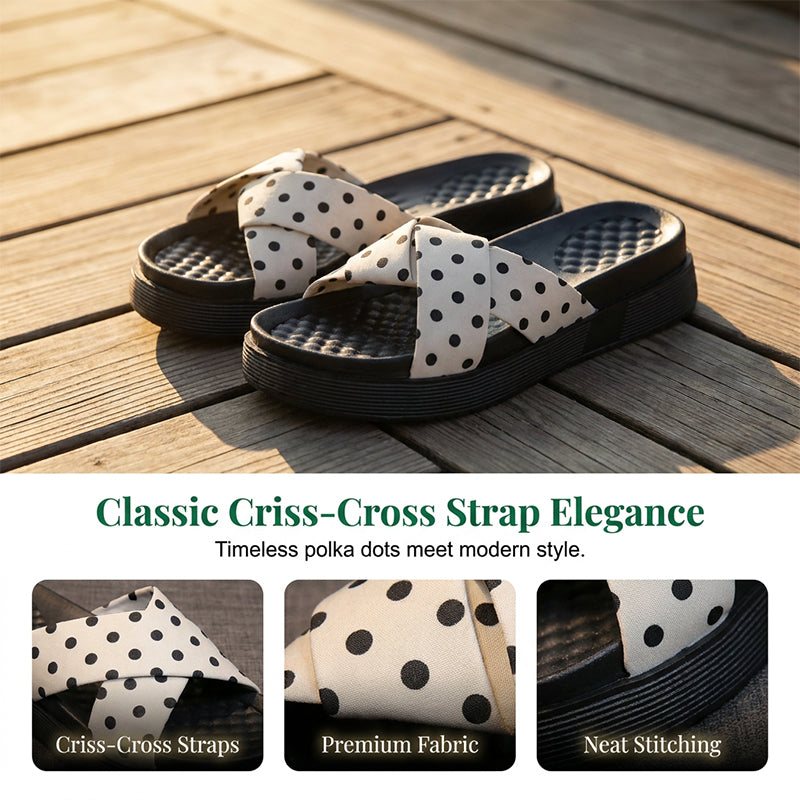 Damen-Slides mit gekreuzten Riemen und Polka-Dot-Muster