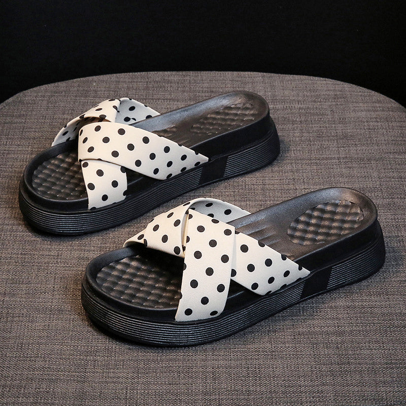 Damen-Slides mit gekreuzten Riemen und Polka-Dot-Muster
