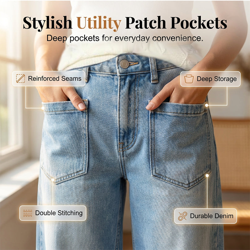 👖 50% RABATT! Damen Weitbein-Jeans – mit großen Patch-Taschen, bequemer Schnitt, vielseitig kombinierbar – für Alltag & Freizeit. 💨🌸