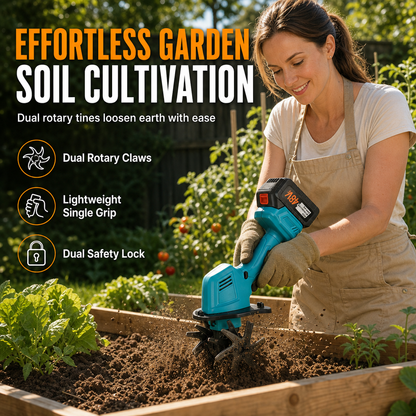 Kabellose Mini-Gartenfräse mit 21-V-Lithium-Akku – handlicher Bodenlockerer und Unkrautentferner