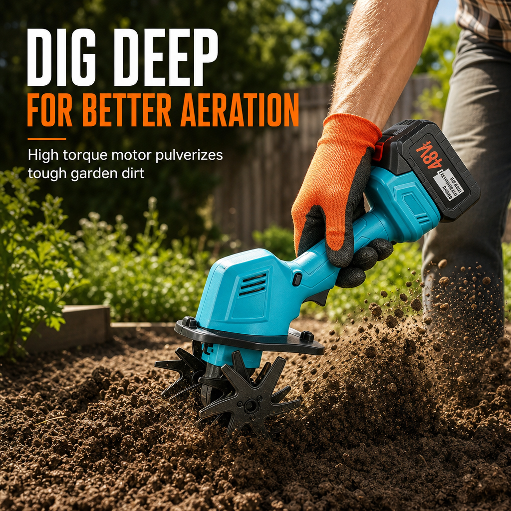 Kabellose Mini-Gartenfräse mit 21-V-Lithium-Akku – handlicher Bodenlockerer und Unkrautentferner