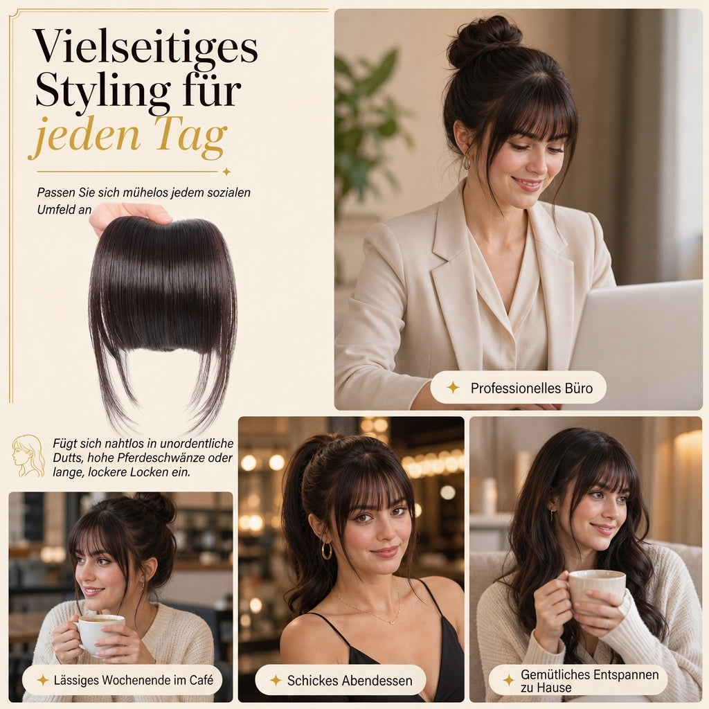 💇‍♀️ Künstliche Air-Bangs mit Seitenpartien & Haarspange – synthetische Frontpartie für Damen, natürlich & vielseitig