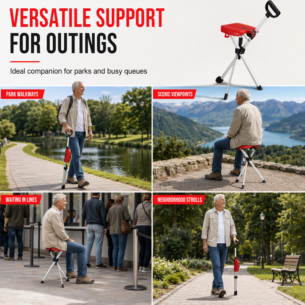 🚶‍♂️🦯 Faltbarer Gehstock mit Sitz – 50% RABATT! Aluminiumrahmen, Dreibein-Stabilität, rutschfester Fuß – Gehen & Ausruhen überall 🪑