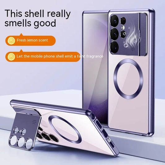 📱 Aromaterapia de Lujo 2 en 1 Marco de Metal con Bloqueo Lente Plegable Kickstand Carga Magnética Funda de Teléfono Transparente