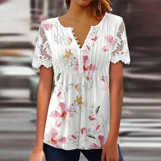 Camiseta de manga corta con encaje floral 3D para mujer