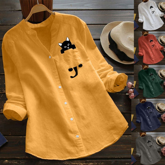 V-neck Cotton And Pocket Cat Print Long Sleeve Blouse