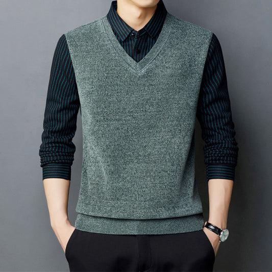 👔【M-4XL】 Suéter de chenilla de imitación de dos piezas para hombre con terciopelo y engrosamiento para mantener el calor